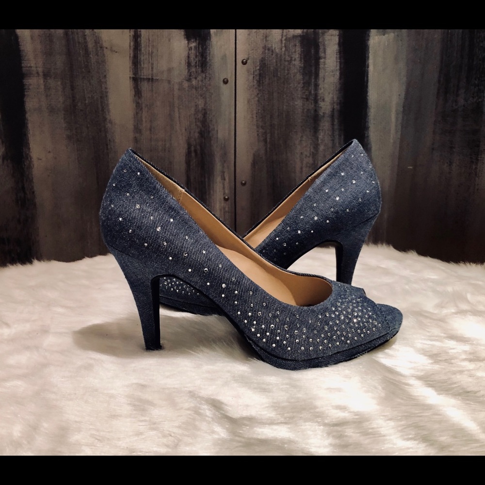 Andrew Feller Rhinestone Denim Peep Toe Heels Sz 8